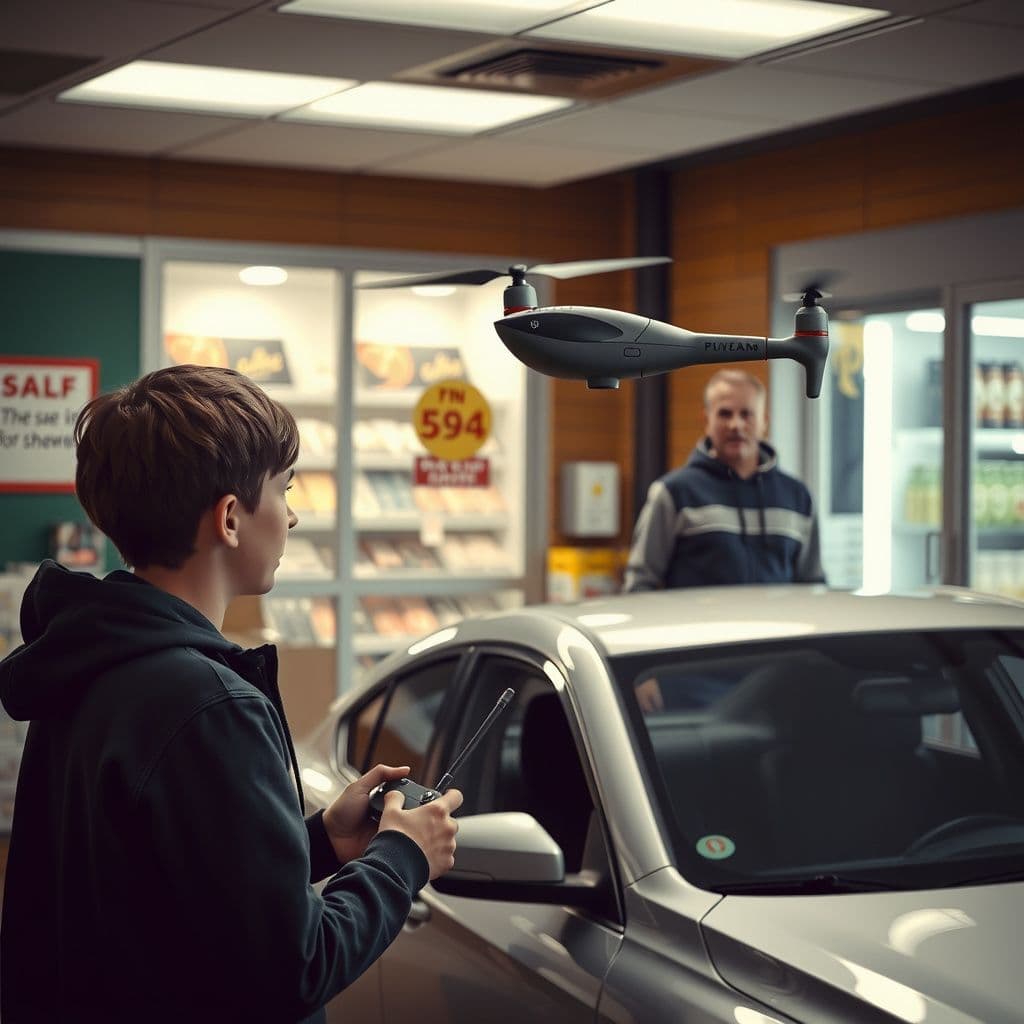 Surreal dream scene, cinematic and atmospheric, digital art: A young person controlling a flying golf club with a remote control as it hovers and flies around their car while parked outside a store, with a surprised man nearby inside the store aisle.