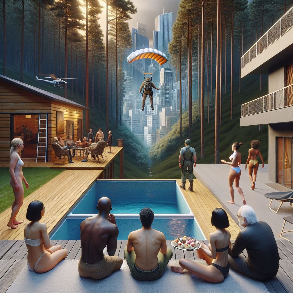 Digital art 4k scene from a movie: In a never-ending dream inside a dream, a group of people, including one who is inexplicably naked, band together to chase a bald man through a city, leading to a daring escape involving a wooden structure, parachuting into the woods, and a creepy encounter with a basketball coach, all culminating in a backyard hangout with friends enjoying candy by the pool.