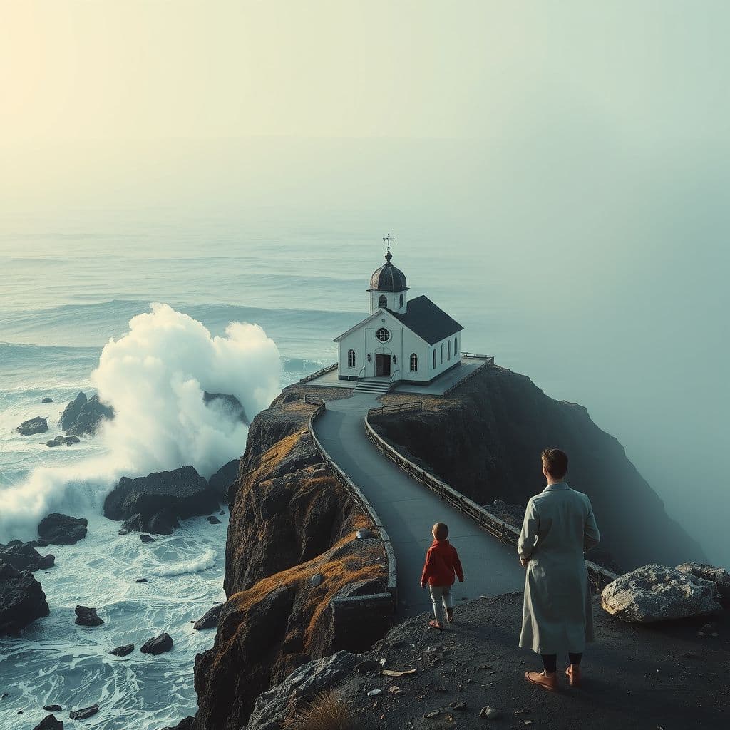 Surreal dream scene, cinematic and atmospheric, digital art: A family stands near a church perched on the edge of a cliff above crashing, towering waves on a deserted island, with a narrow road leading to the building and water swirling dramatically below.