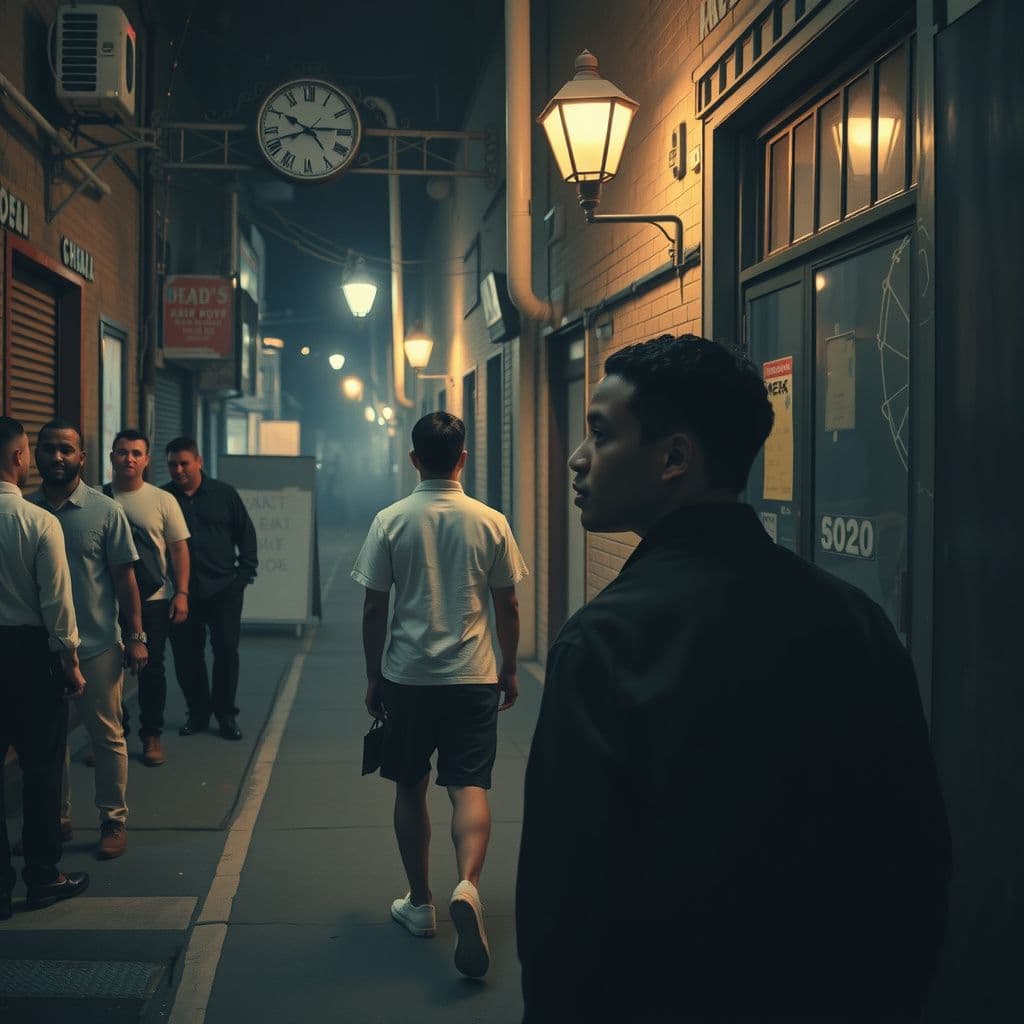 Surreal dream scene, cinematic and atmospheric, digital art: A nighttime urban alley filled with diverse people expressing artistic styles, illuminated by streetlights, while a contemplative individual quietly walks away, reflecting on their struggles and hope for escape.