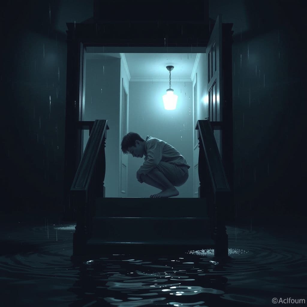 Surreal dream scene, cinematic and atmospheric, digital art: A surreal, emotional scene of a dimly lit house slowly flooding with water, tears falling like rain inside, a sad thirteen-year-old boy curled on the stairs, and a faint glowing landing light flickering in the dark, capturing the haunting atmosphere of loss and longing.