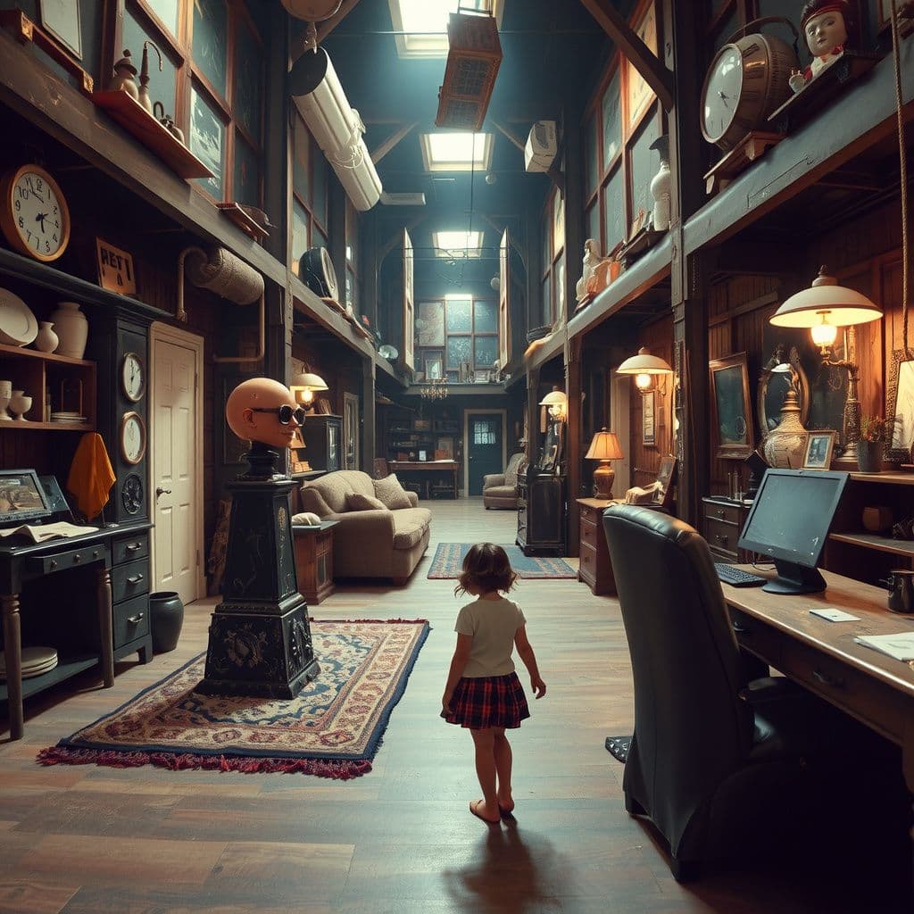Surreal dream scene, cinematic and atmospheric, digital art: A tiny girl and her friend Catherine explore a vast, cluttered warehouse filled with themed rooms, hidden doors, puzzles, and oversized everyday objects, as they quietly search for clues and avoid being caught while navigating secret passages and mysterious displays.