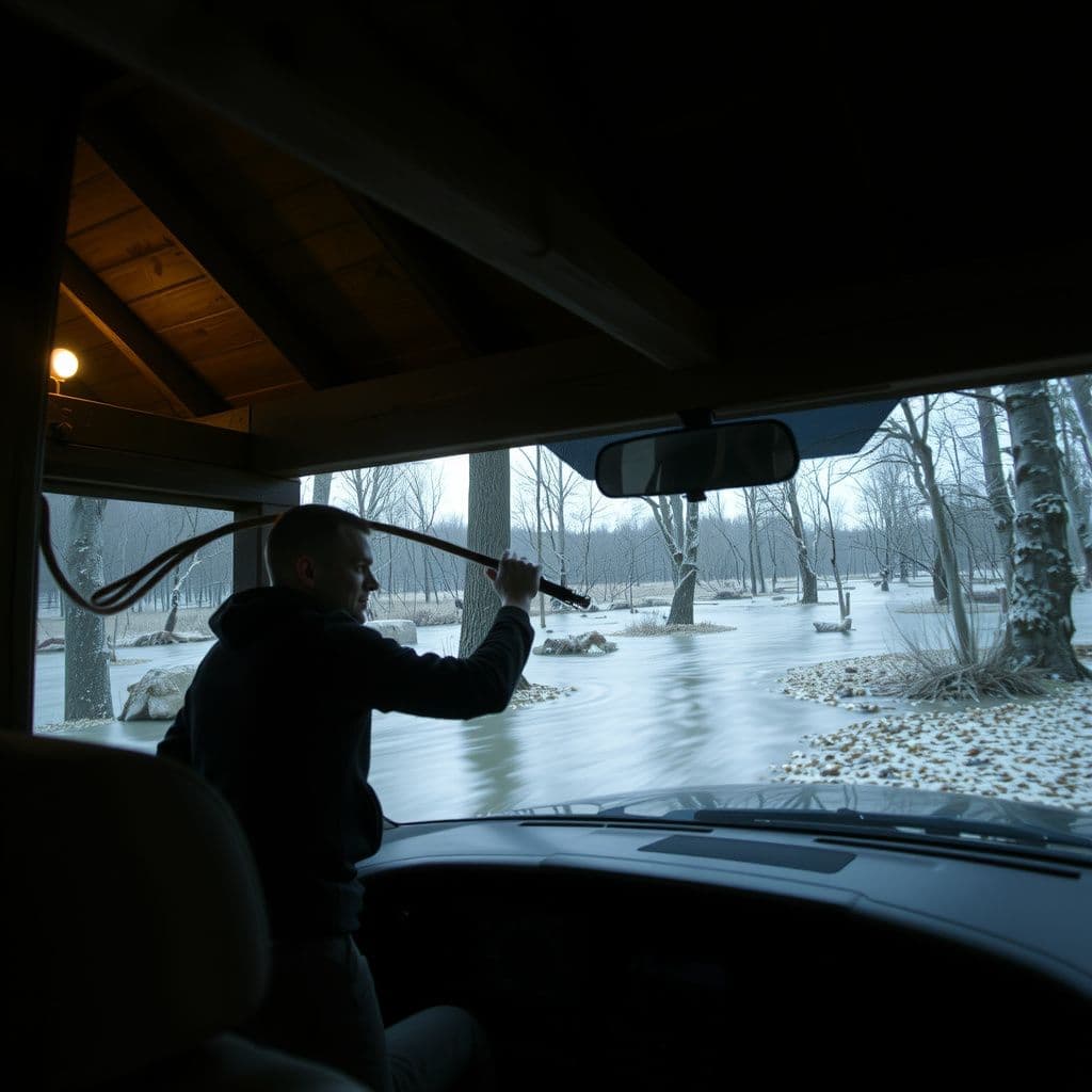 Surreal dream scene, cinematic and atmospheric, digital art: A cinematic dream scene of a man in a dark rustic cabin skillfully twirling a long bullwhip around exposed wooden beams like a graceful, predatory creature, transitioning to a fast drive past flooded northern forests and marshy swampland thick with spring leaves, with a moody, atmospheric soundtrack playing in the background.