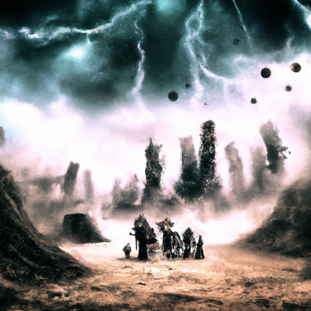 Digital art, Describe an image of a post-apocalyptic world with a group of adults trying to survive a storm and zombie infestation while performing experiments to learn more about the zombies.