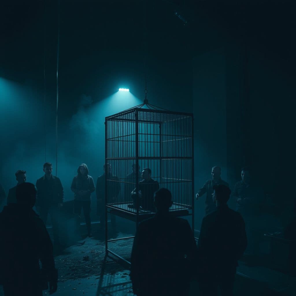 Surreal dream scene, cinematic and atmospheric, digital art: A dimly lit room with a large metal cage in the center, inside which a person quietly sits while indistinct shadows of a crowd hover around the cage, evoking a tense and mysterious atmosphere.