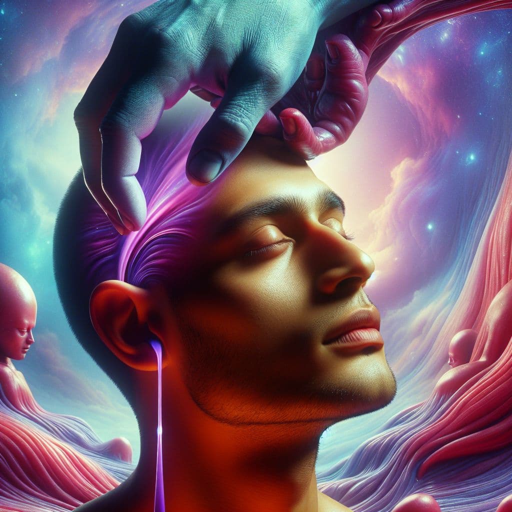 Surreal dream scene, cinematic and atmospheric, digital art: A person gently touching a mysterious large lump on their head with a curious expression, while a subtle trail of purple liquid softly flows from their ear in a bright, surreal setting.