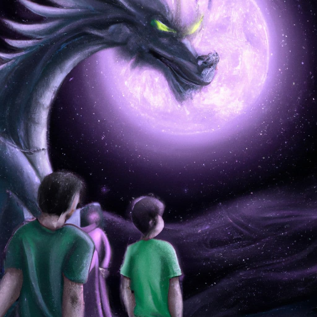 Digital art, As a young cancer patient, he gazes up at the moon only to witness a magical transformation into a dragon-like creature carrying a wizard and two children, though nobody believes his sight.