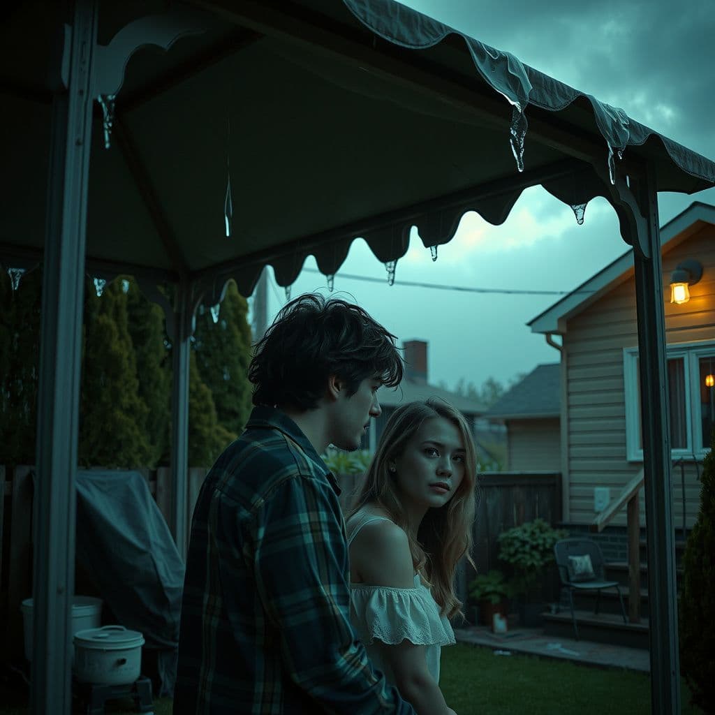 Surreal dream scene, cinematic and atmospheric, digital art: A couple seeking shelter together under a backyard canopy during a heavy acid rainstorm, showing concern as the rain burns on their skin while nearby their cozy house provides temporary refuge.