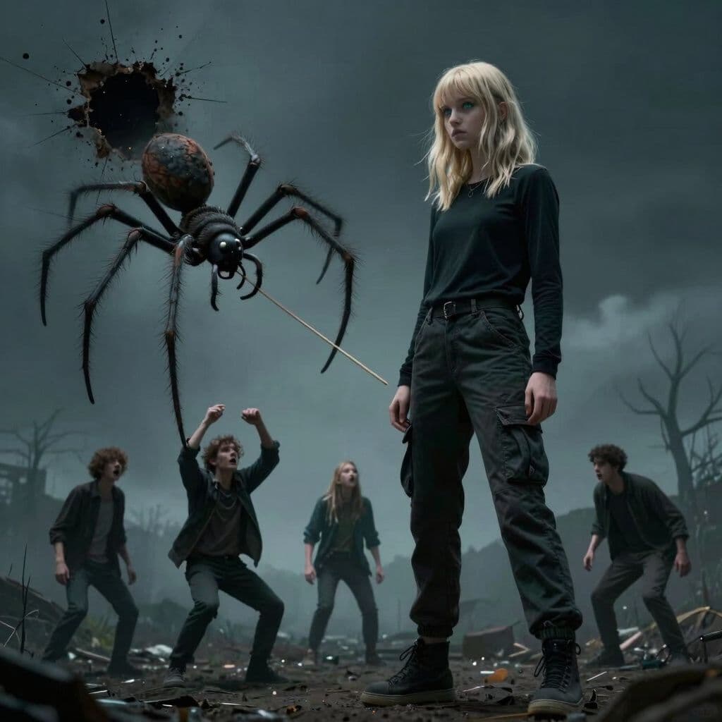 Surreal dream scene, cinematic and atmospheric, digital art: A tall, blond-haired girl with bluish eyes and wolf cut shoulder-length hair, wearing dark cargo pants and a black long-sleeve tomboy shirt, stands among a small group of five people on the ground as a gigantic spider emerges from a hole and pulls a stick along with three people upward, while the others panic below.