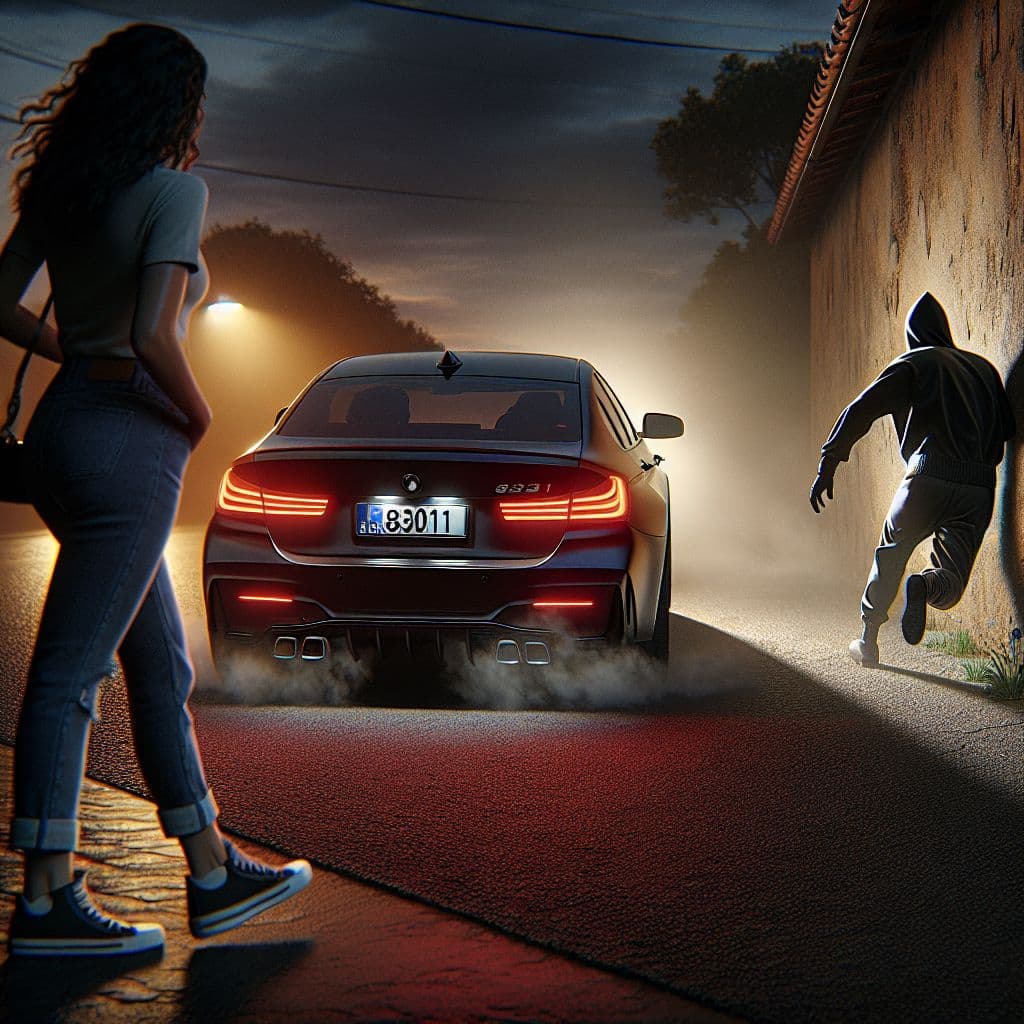 Digital art 4k scene from a movie: A black figure hiding behind the wall runs outside and drives away in a car with the license plate number 83011, leaving the witness to explain the strange encounter to their boyfriend.