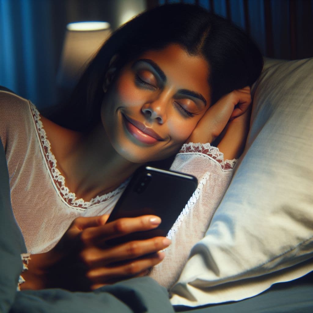 Digital art 4k scene from a movie: An individual peacefully sleeping in their bed, clutching their phone with a smile on their face as they dream about sending loving texts and photos to their significant other in the early hours of the morning.