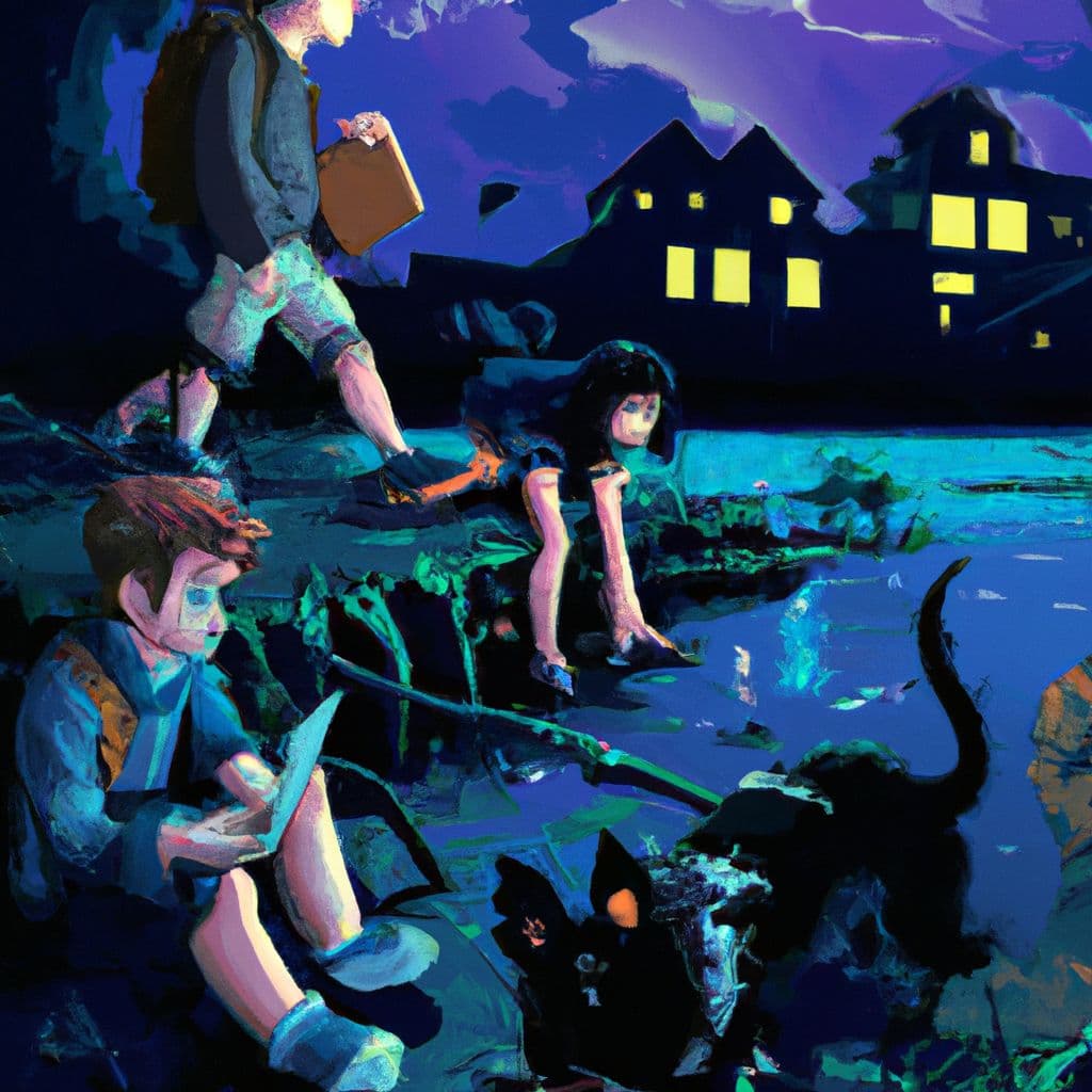 Digital art, In a strange and eerie town, a person and their companion embark on a muddy journey to find a mysterious location, only to encounter a haunting note, a menacing community, and a terrifying underwater encounter with a talking bulldog that ultimately leads to a ghostly awakening.