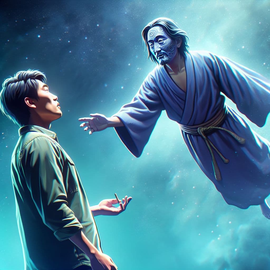 Digital art 4k scene from a movie: As Jim floated upright in the air, a mysterious figure approached him and offered a different path to recovery, sparking a conversation about addiction and second chances.
