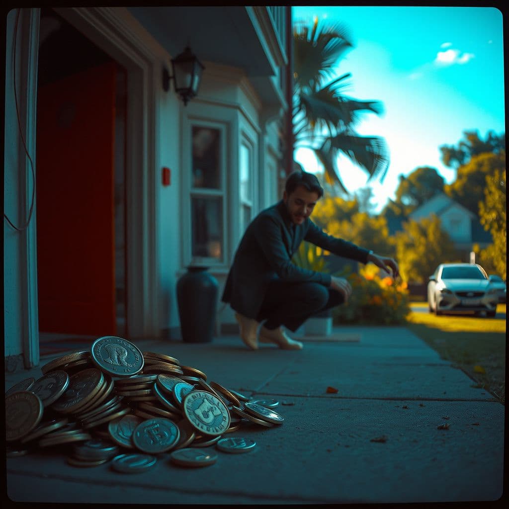 Surreal dream scene, cinematic and atmospheric, digital art: A person excitedly placing a pile of old coins and change on the ground outside their house, with a sunlit garden background.