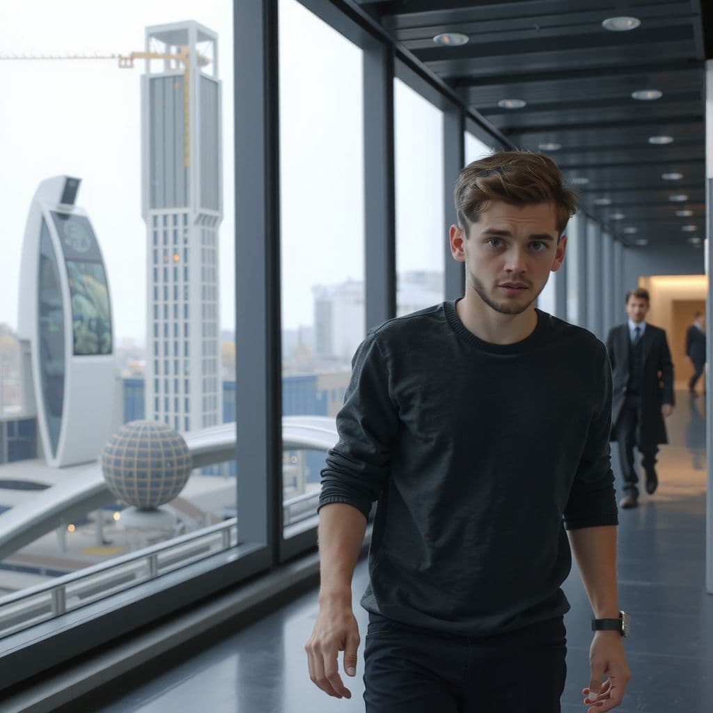 Surreal dream scene, cinematic and atmospheric, digital art: A futuristic scene inside a sleek, modern building where a young man looks shocked and disoriented, stumbling and beginning to pass out, while a worried holographic companion flickers and appears ill beside him.
