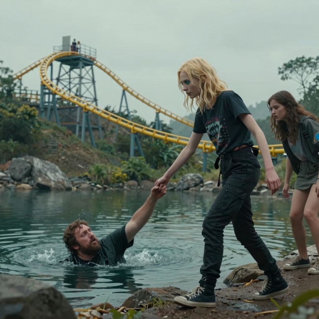 Surreal dream scene, cinematic and atmospheric, digital art: A skinny girl with shoulder-length blonde wolf cut hair and bluish green eyes, wearing black cargo pants and a dark Y2K shirt, walks nervously beside a yellow roller coaster at the top of a spiraling hill, reaching out to help a heavy man who is sinking into a large lake surrounded by rocky shores, while an apologetic woman watches nearby.