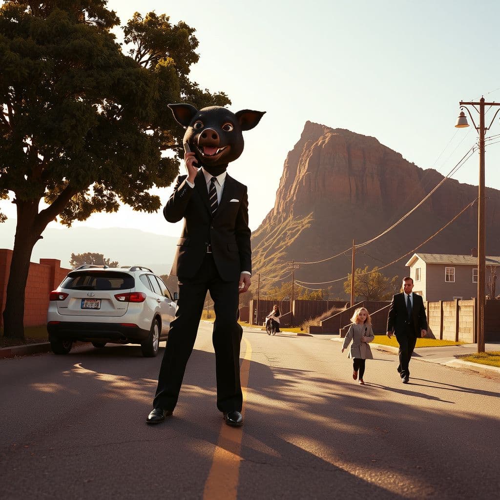 Surreal dream scene, cinematic and atmospheric, digital art: A surreal scene on a quiet street in a small town where a man in a suit on stilts, wearing a tilted black pig mask while talking on the phone, passes by a white rental car parked near a stunning tree-lined viewpoint, as a young girl walks with her father nearby at the bottom of a steep hill.