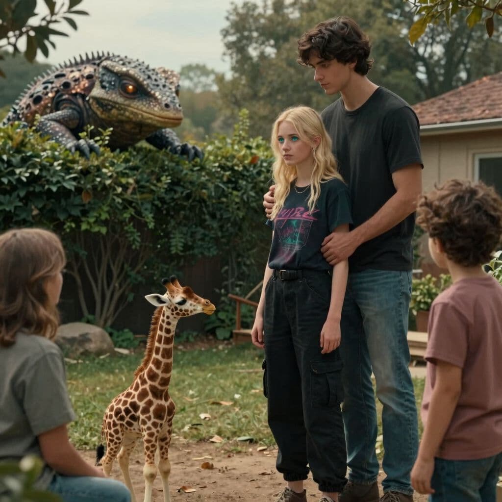 Surreal dream scene, cinematic and atmospheric, digital art: A young blonde woman with bluish green eyes wearing black cargo pants and a dark Y2K shirt stands protectively with her tall boyfriend who has dark brown hair and brown eyes in a backyard surrounded by their parents, watching a small harmless baby giraffe near a large, strange, hairy-scaled lizard creature with glowing eyes lurking in the bushes while the boyfriend comforts her as the scene shows a mix of gentle warmth and unsettling tension.