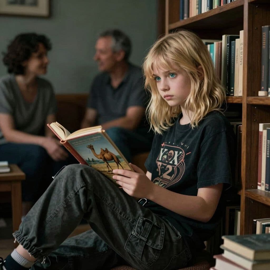Surreal dream scene, cinematic and atmospheric, digital art: A young girl with shoulder-length blonde wolf cut hair and bluish-green eyes, wearing dark cargo pants and a black Y2K shirt, sits in a dimly lit room by a wooden bookshelf, holding an old picture book with camels on the cover, while two adults softly talk in the background.