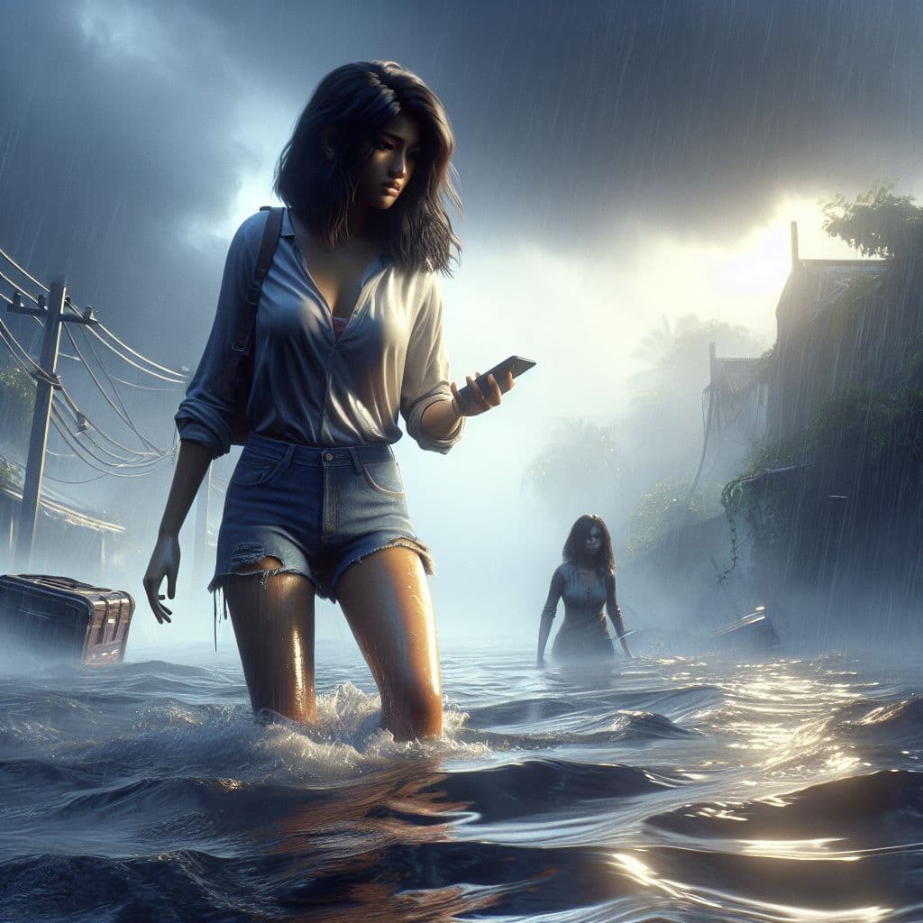 Digital art 4k scene from a movie: In the midst of a flooding disaster, a girl navigates through deep waters in search of her lost phone while encountering mysterious occurrences and reconnecting with her boyfriend.