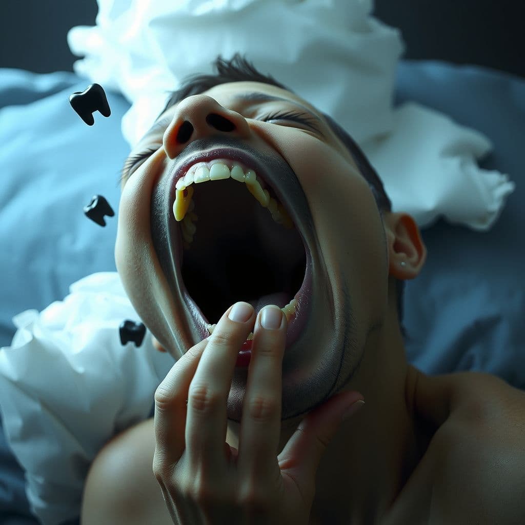 Surreal dream scene, cinematic and atmospheric, digital art: A surreal dream scene depicting a person gently wiggling a loose canine tooth while three small black teeth float softly around, set against a calm, abstract background.