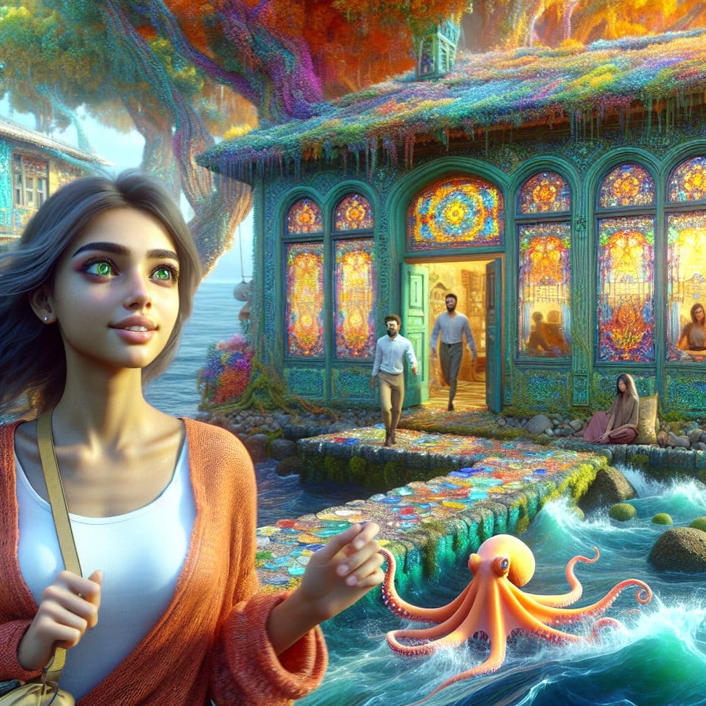 Digital art 4k scene from a movie: An enchanting scene where a young woman explores a beautifully transformed version of her house, complete with antique windows and vibrant surroundings, before embarking on a sunny adventure with friends by the ocean, discovering glowing sea glass and mysterious octopus under the pier.