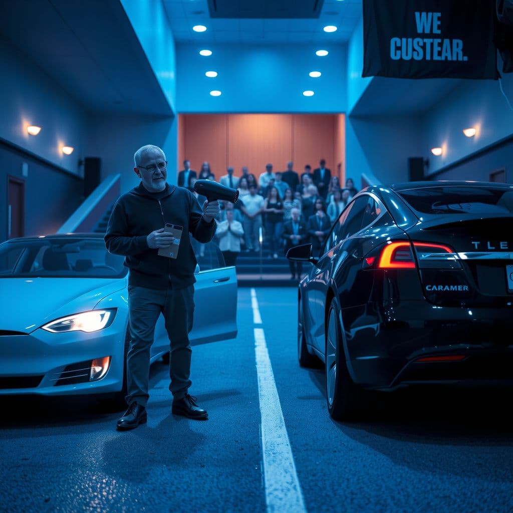 Surreal dream scene, cinematic and atmospheric, digital art: A family on a road trip in a car approaches a white Tesla stopped head-on, where the driver—a heavyset middle-aged white man—steps out to ask for a blow dryer to dry his electric car, while the family helps him before later entering a lively auditorium with a gospel choir performing and small backpacks in hand.