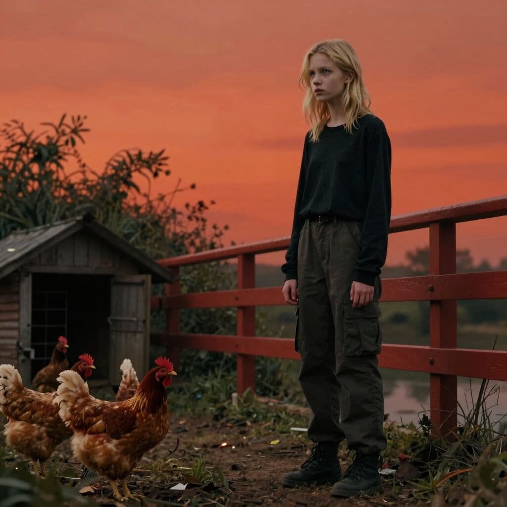 Surreal dream scene, cinematic and atmospheric, digital art: A skinny 18-year-old girl with shoulder-length blonde wolf cut hair and bluish eyes wearing dark cargo pants and a black long-sleeve tomboy shirt stands near a red bridge under an orange-red sky, looking unsettled as she watches a spooky rural scene with broken-necked chickens beside a small chicken coop while distant bushes move mysteriously.