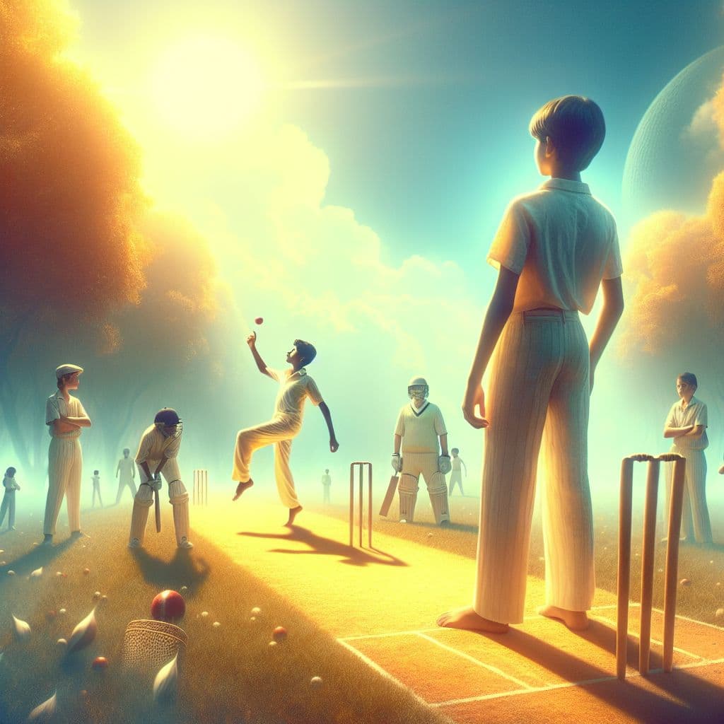 Surreal dream scene, cinematic and atmospheric, digital art: A young boy casually watches his friends play cricket, then confidently bowls a full over with three wickets and a maiden over, while the others laugh and enjoy the game on a sunny afternoon.