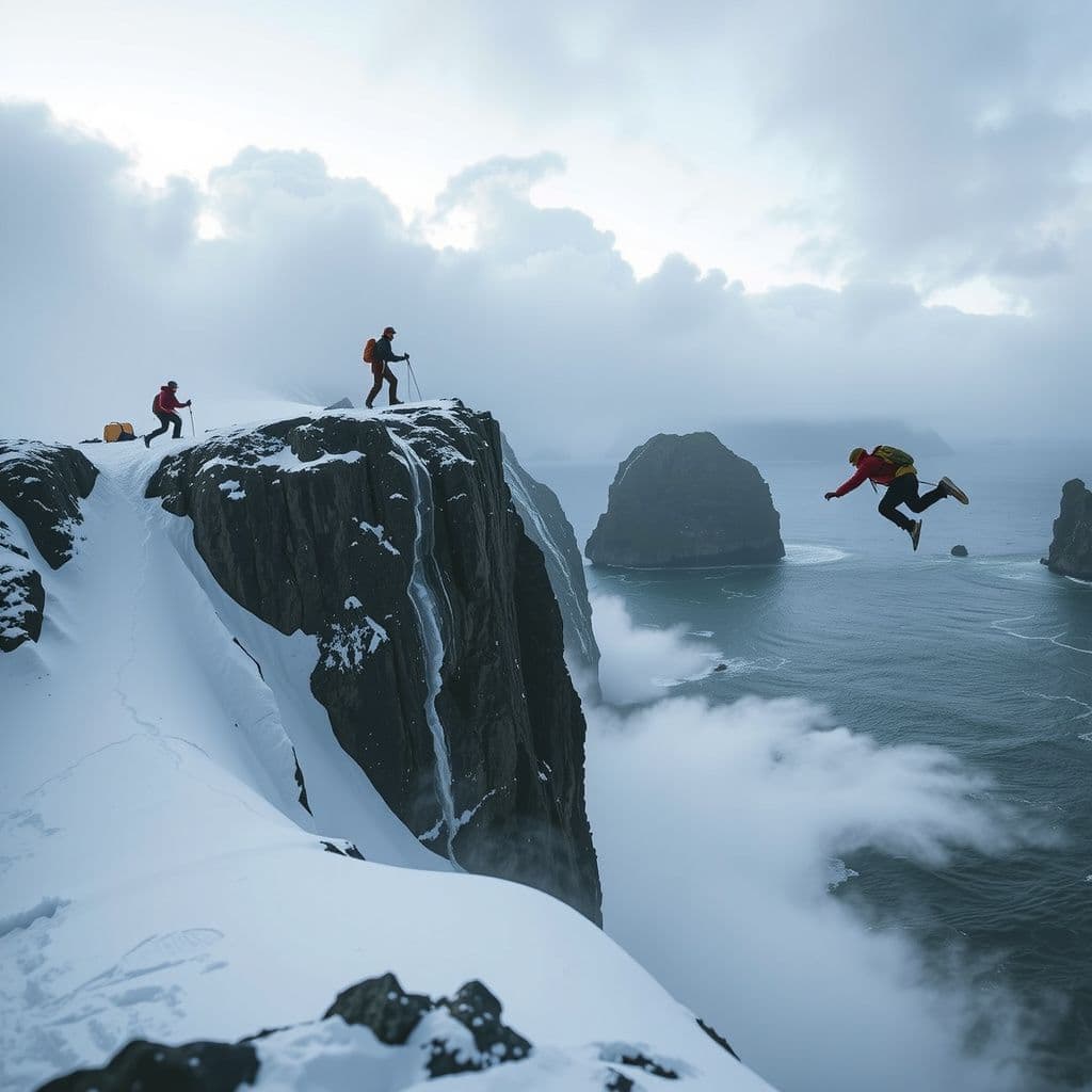 Surreal dream scene, cinematic and atmospheric, digital art: A daring mountain rescue mission unfolds as a skilled climber and skier navigates icy cliffs in deep snow, creates snowy shelters on a cliffside, and then leaps courageously off a towering tropical cliff into the ocean below during a dramatic descent.