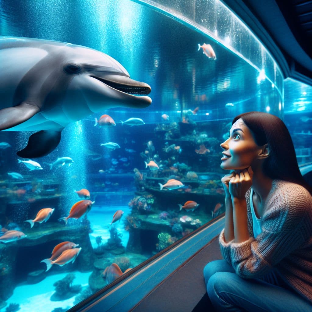 Surreal dream scene, cinematic and atmospheric, digital art: A heartfelt scene showing a thoughtful woman smiling warmly as she listens to a dolphin chirping across a clear aquarium tank in a bright, family-friendly marine park.