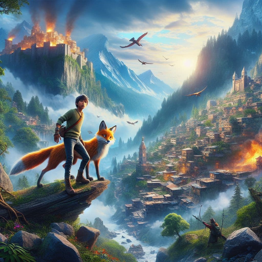 Digital art 4k scene from a movie: An enchanted forest town on the edge of a mountain faces a flood and military invasion, but a young boy with a magical fox companion saves the day by using their unique powers to restore peace and harmony to the land.