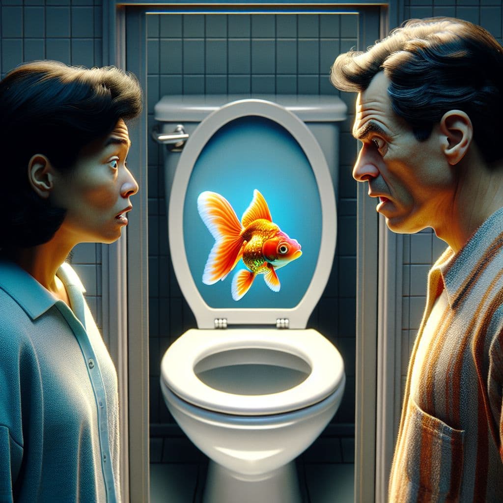 Digital art 4k scene from a movie: Upon entering the bathroom, they noticed a peculiar sight - a vibrant goldfish swimming gracefully in the toilet bowl, catching their attention and sparking a sense of wonder.
