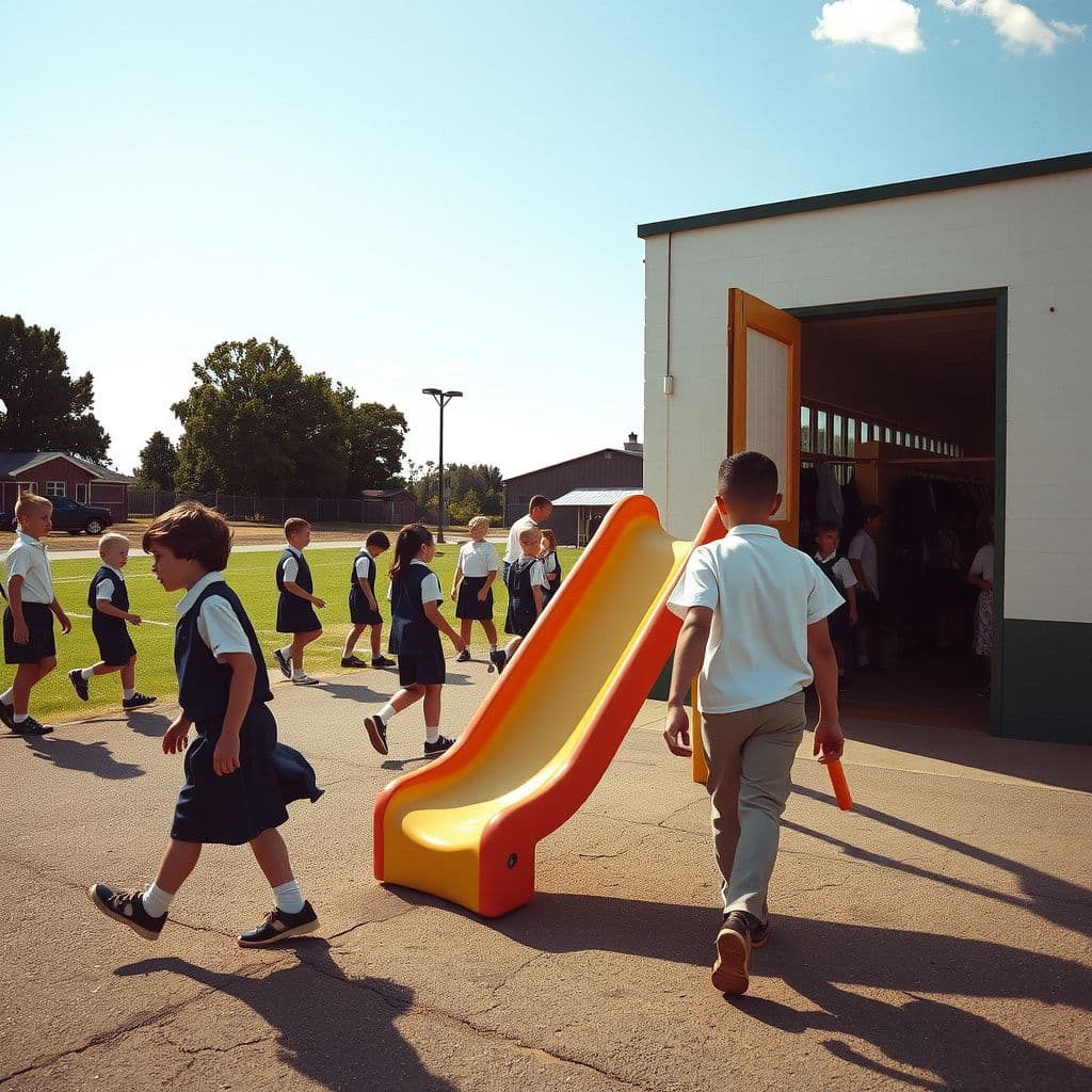 Surreal dream scene, cinematic and atmospheric, digital art: A nostalgic scene of children in old-fashioned school uniforms playing gym class outside with a large colorful wooden slide under a bright sunny sky, while one child hurriedly walks toward a busy restroom crowded with classmates changing clothes.