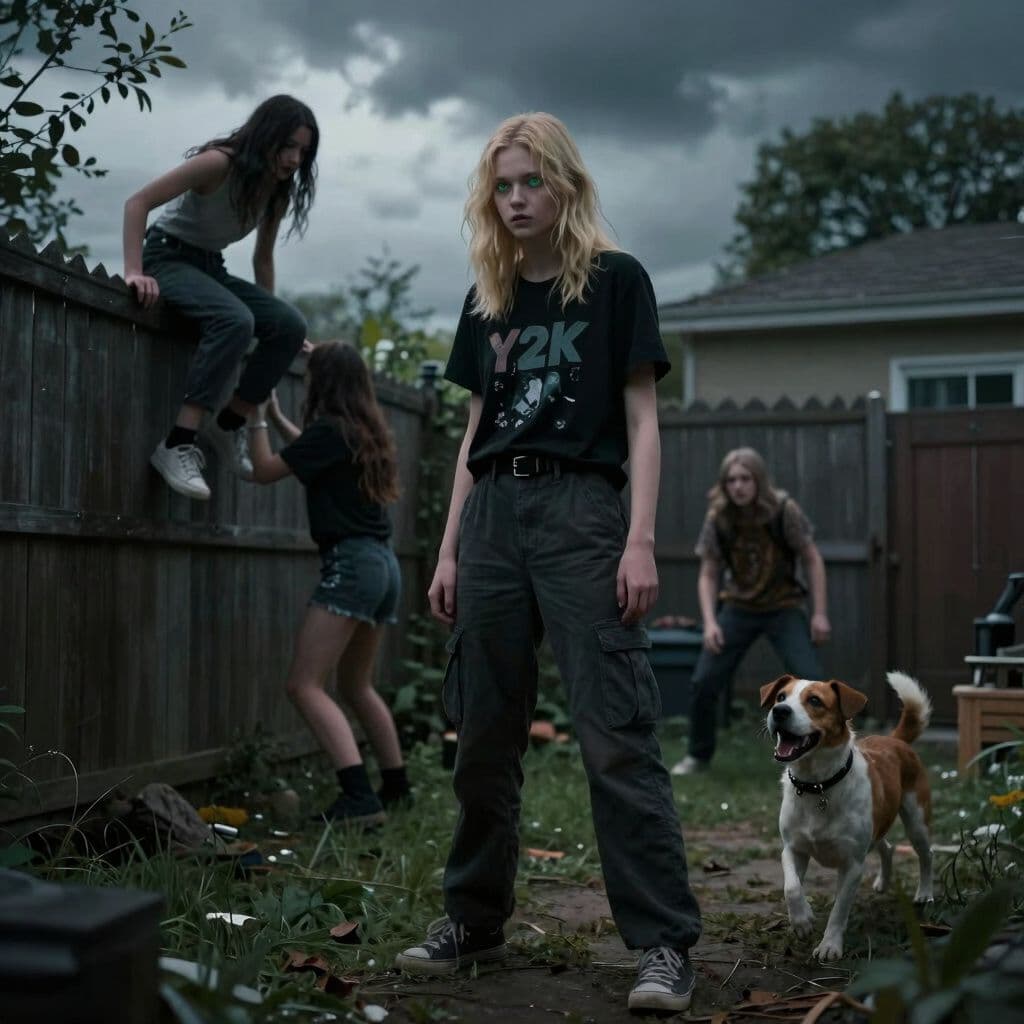 Surreal dream scene, cinematic and atmospheric, digital art: A slim 18-year-old girl with blond wolf cut hair to her shoulders, bluish green eyes, wearing dark cargo pants and a black Y2K shirt, stands anxiously in a dim backyard with three friends as a partially infected girl attempts to climb over a fence under a tense, cloudy sky, while a small excited dog holding a collar bounces nearby.