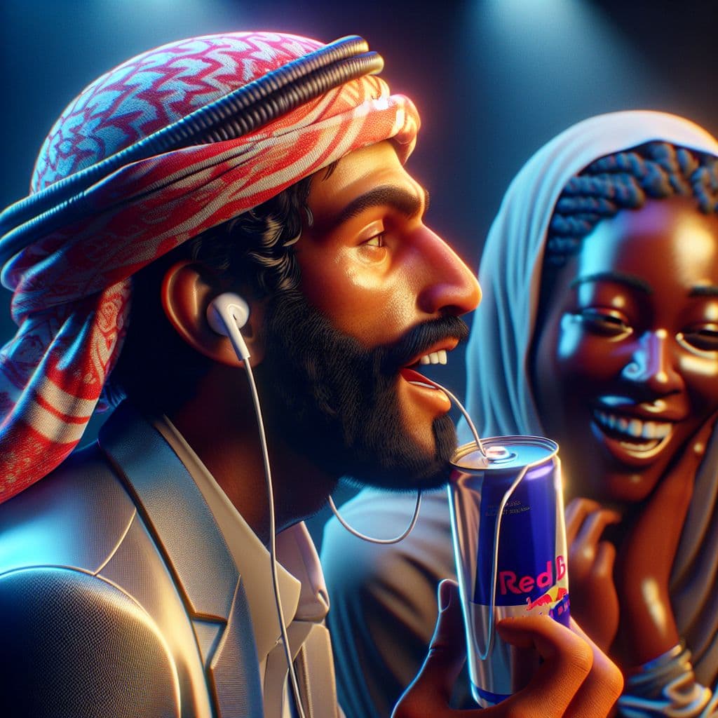 Digital art 4k scene from a movie: An AI-generated image of a person awkwardly listening to music through an earbud placed inside an empty Red Bull can as their friend looks on, laughing in confusion.