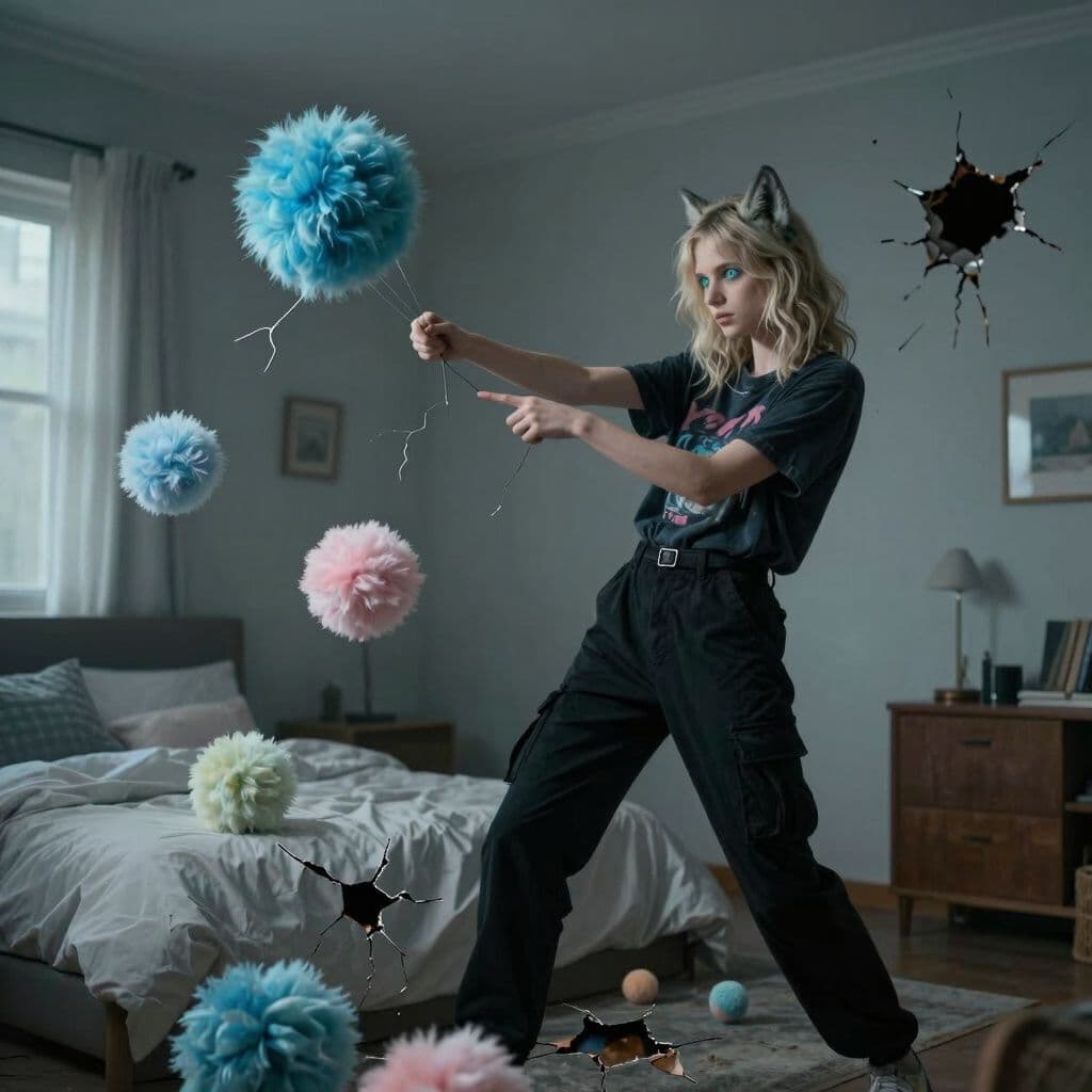 Surreal dream scene, cinematic and atmospheric, digital art: A slender 18-year-old girl with shoulder-length blonde wolf cut hair, bluish-green eyes, wearing black cargo pants and a dark Y2K shirt, is gently pulling multiple small, silky, fluffy, colorful blue and other pastel-hued balls that have come to life from cracks and holes all around her cozy bedroom.