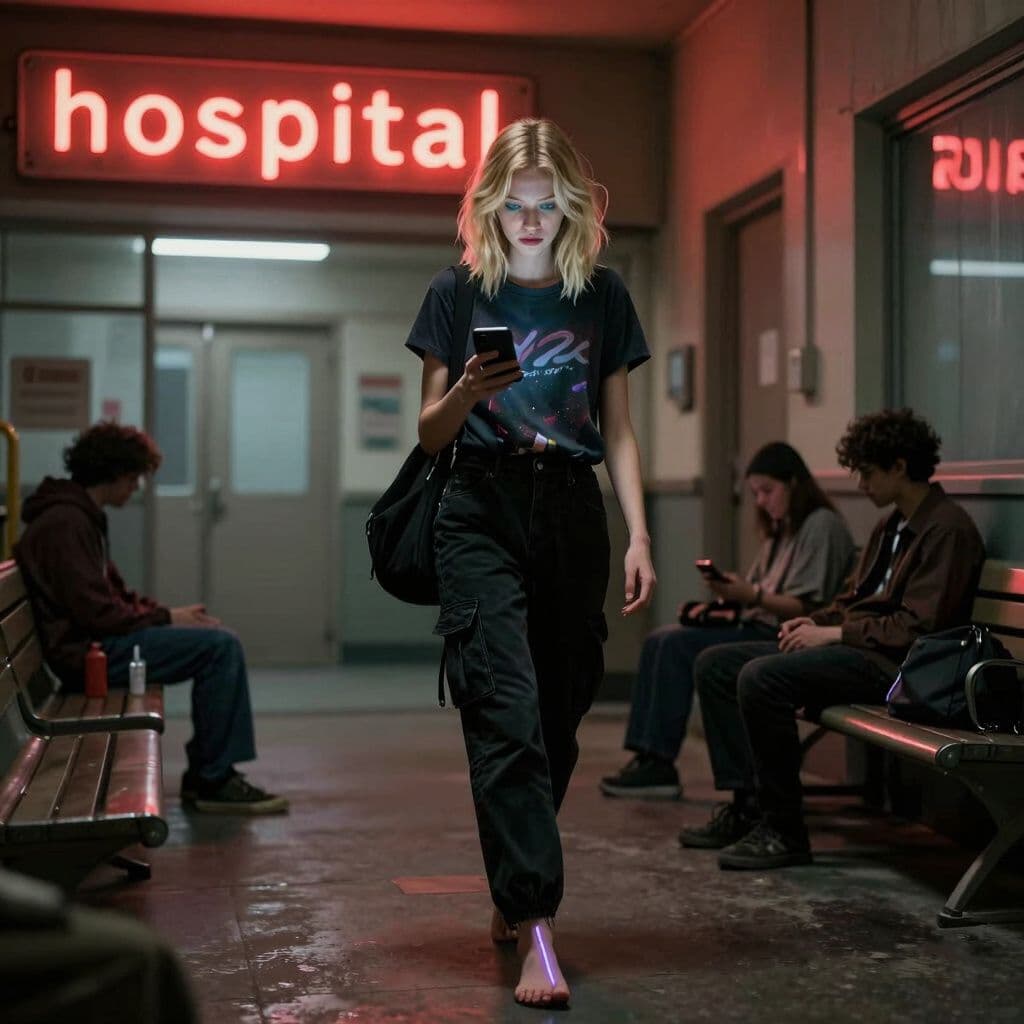 Surreal dream scene, cinematic and atmospheric, digital art: A skinny 18-year-old blonde girl with bluish green eyes, wolf cut hair to her shoulders, wearing black cargo pants and a dark Y2K shirt, walks cautiously through the dimly lit old-fashioned hospital with bright and red glowing 'hospital' signs outside, passing benches where homeless people rest, holding a phone and texting her boyfriend while nervously looking at a faint purple line on her foot after receiving a mysterious injection.