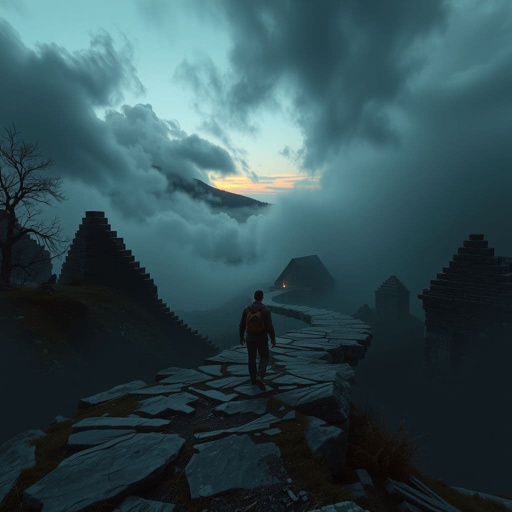 Surreal dream scene, cinematic and atmospheric, digital art: A lone traveler walks through a misty, enchanted countryside inspired by Skyrim, surrounded by ancient ruins and winding paths leading toward a distant, serene base camp under a soft twilight sky.