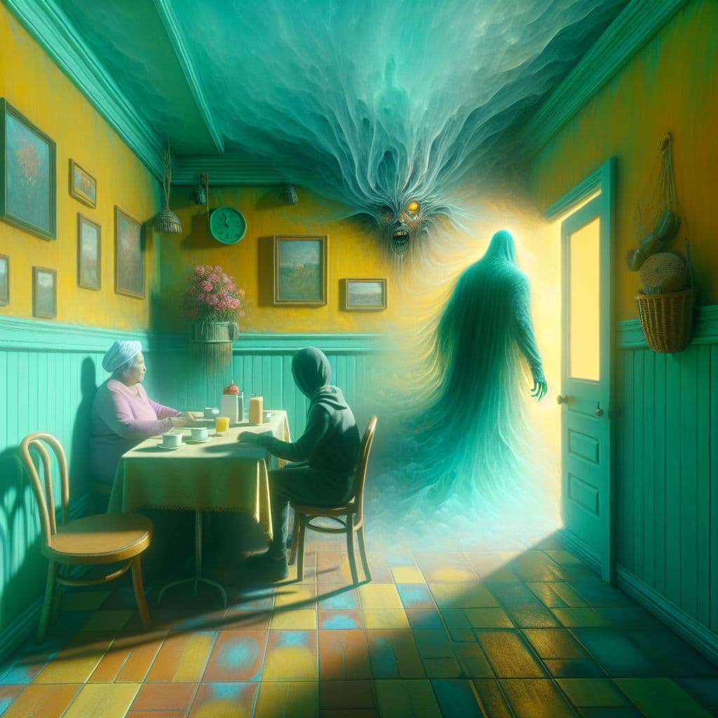Digital art 4k scene from a movie: In a familiar yet unsettling dream, a person finds themselves in a pastel green and yellow tinted Mexican restaurant that evokes a sense of deja vu, causing both them and their mother to feel spooked and hastily leave before an ominous figure by their door threatens harm, leaving the dreamer stuck in a cycle of waking and sleeping.