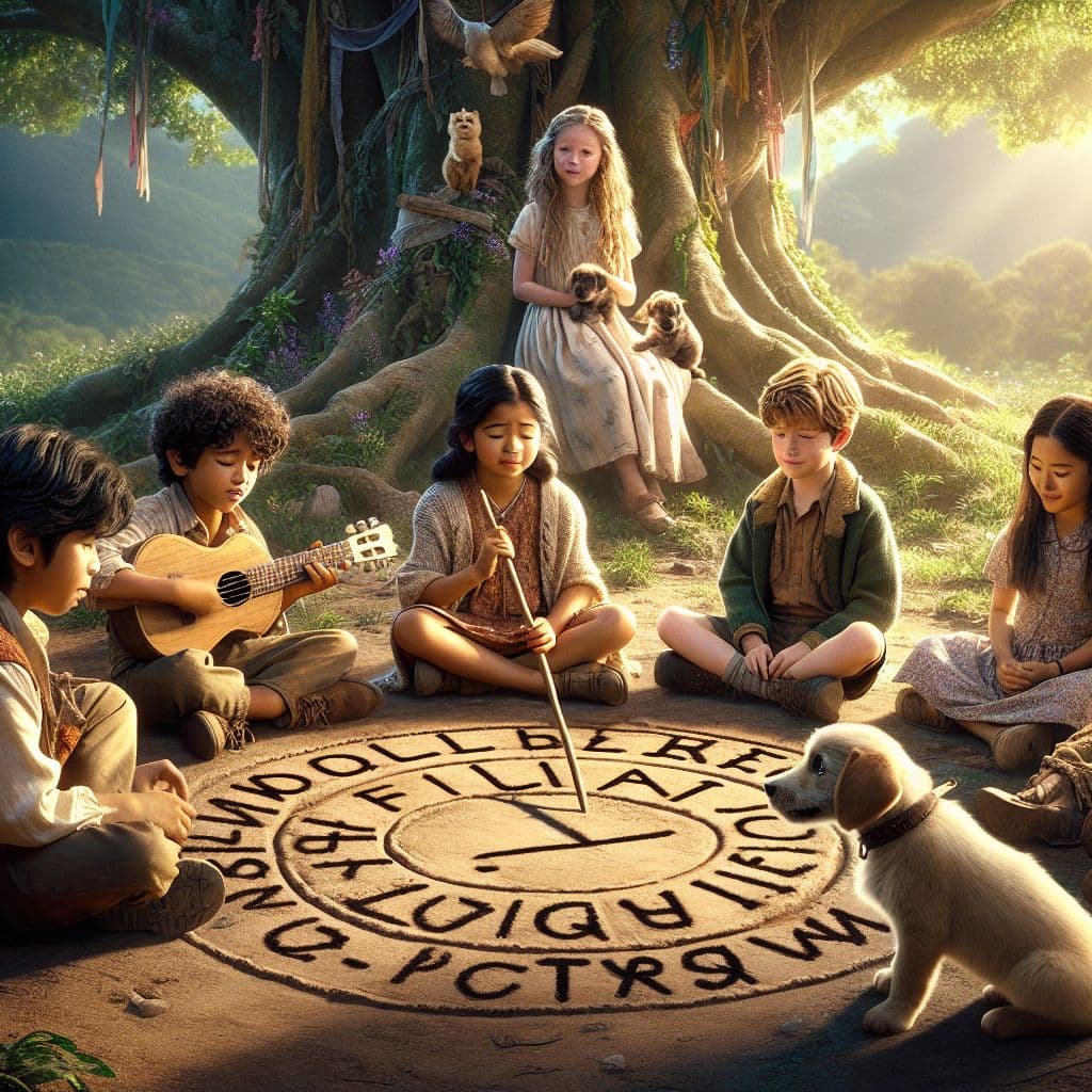 Digital art 4k scene from a movie: Dall-e generated an image of a group of young kids sitting in a circle under a tree, engrossed in learning music vowels, with one child holding a stick to point at the alphabets written on the ground, while a cute puppy watches them playfully, bringing a sense of innocence and joy to the scene.