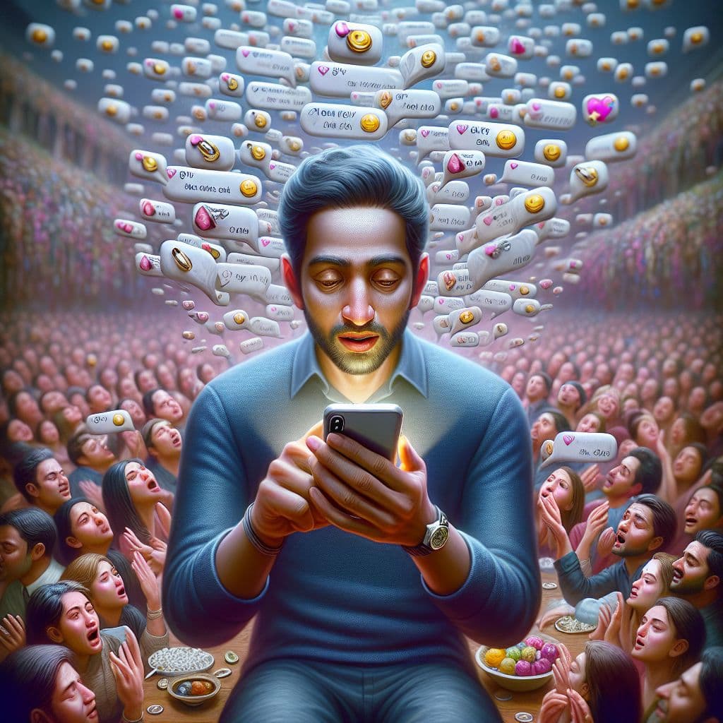 Digital art, A person immersed in a dream-like state sends a text message to a group of friends, receiving a message with multiple engagement ring emojis in response, leading to their excitement before receiving another text.