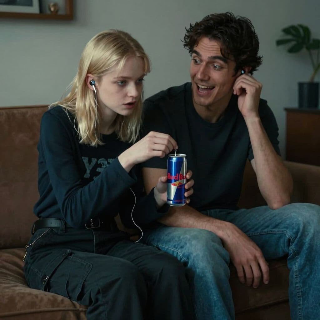 Surreal dream scene, cinematic and atmospheric, digital art: A skinny 18-year-old blonde girl with bluish eyes and wolf cut shoulder-length hair, wearing black cargo pants and a dark long-sleeve Y2K shirt, sits with her tall Mexican boyfriend with dark brown hair and brown eyes in jeans and a t-shirt, as she playfully places an earbud into an empty Red Bull can and turns up the volume loudly while he laughs confusedly beside her in a cozy living room.