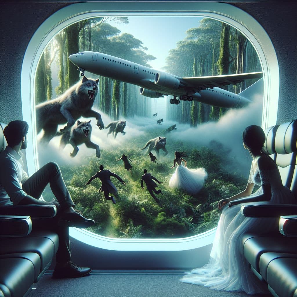 Digital art 4k scene from a movie: In a futuristic world, the user is seated in a suspended airplane seat facing a large window, watching as a bride and groom are chased by massive wolves through a forest below.