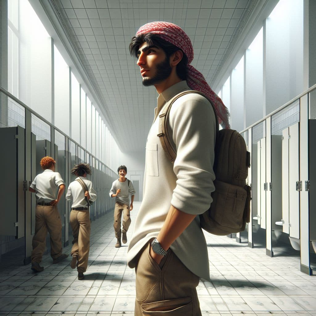 Digital art 4k scene from a movie: An individual is standing in a school restroom, where two people mock their appearance before running away, causing the individual to search for their boyfriend in a large, white-walled building.
