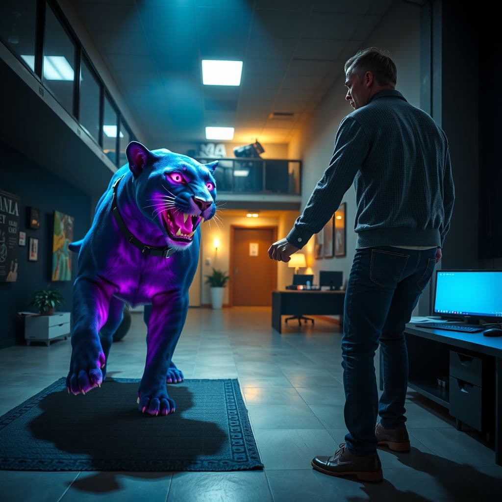 Surreal dream scene, cinematic and atmospheric, digital art: A tense scene in a modern two-story office where a person defensively battles a large, glowing blue and purple-toned panther with sleek fur, amidst dramatic lighting and an atmosphere filled with suspense and emotion.