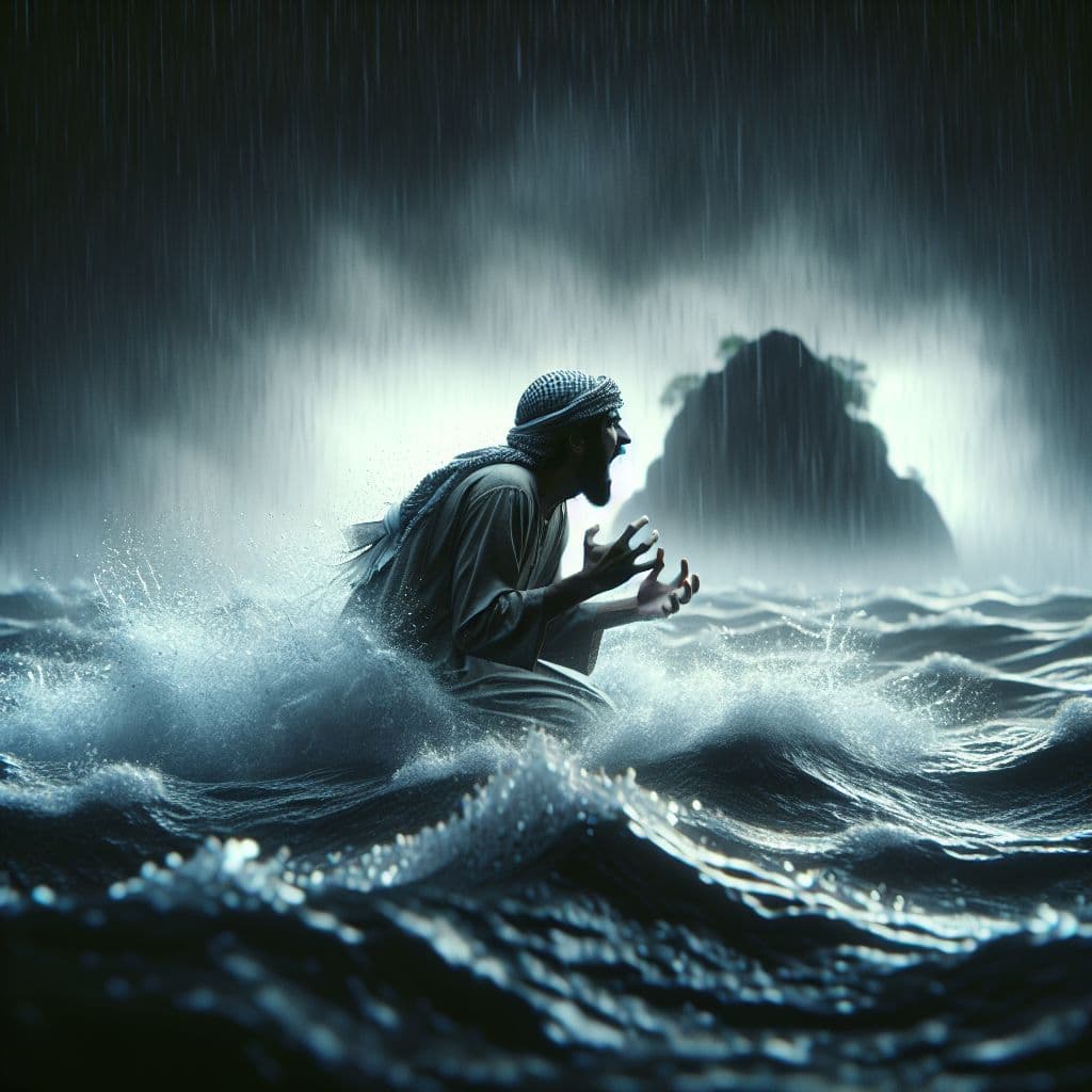 Digital art 4k scene from a movie: Create an image of a person stranded on an island surrounded by rising flood waters, desperately trying to find a way to escape.