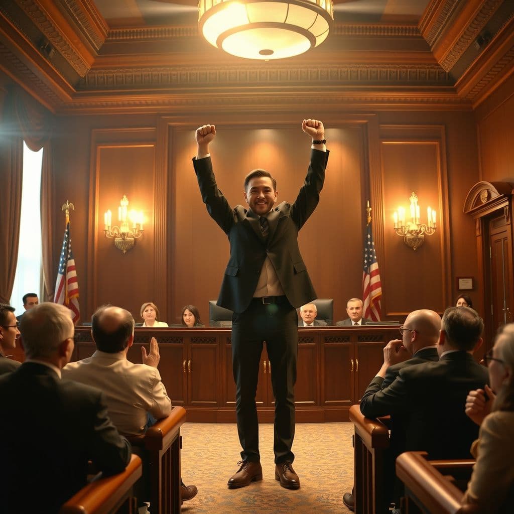 Surreal dream scene, cinematic and atmospheric, digital art: A victorious courtroom scene where a confident individual stands triumphant after winning a historic case to abolish the IRS, surrounded by cheering crowds in an inspiring and hopeful atmosphere.