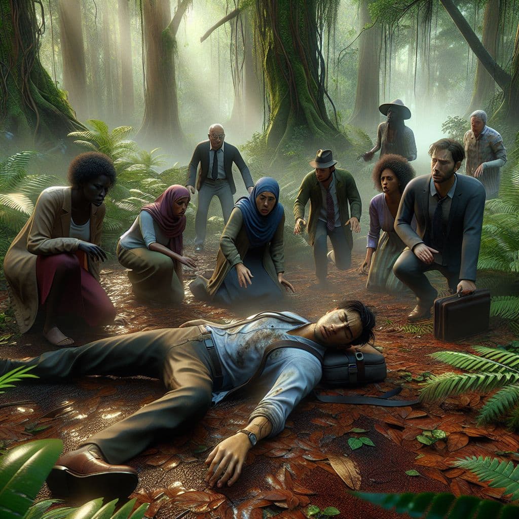 Digital art 4k scene from a movie: A man laying on the ground in a forest after a bad fall, with a group of people looking down at him in concern.