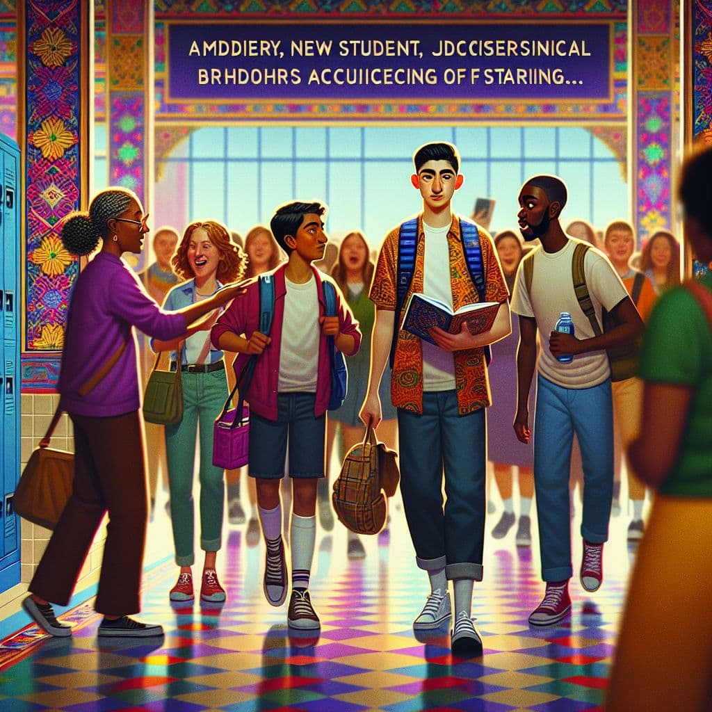 Digital art 4k scene from a movie: In a bustling school hallway, a new student follows their friends around, taking out notebooks from their locker before being unexpectedly confronted by a brother who accuses them of staring, leading to a public scolding by the teacher.